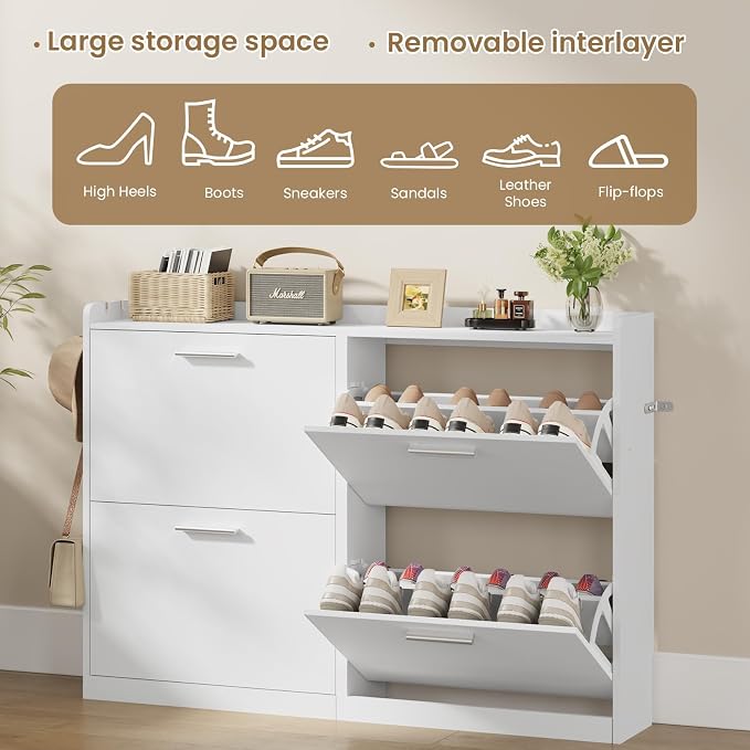 Modern Shoe Cabinet Organizer with 4 Flip Drawers, 47.2" W White | Freestanding shoe storage cabinet for entryway,foyer and hallway, space-saving flip drawers,Adjustable Shelves & 2 Hooks