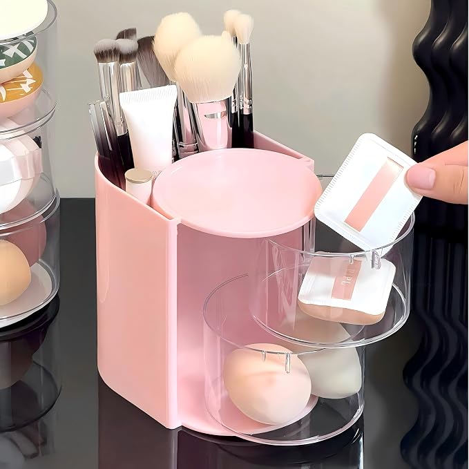 Azurphoric Hair Accessories Organizer with Hair Brush Holder(Pink, 2-Layer) | Rotatable Makeup Brush Holder for Necklaces, Earring, Bracelet, Ring, Makeup Brushes, Hair Clip and Hair Accessories