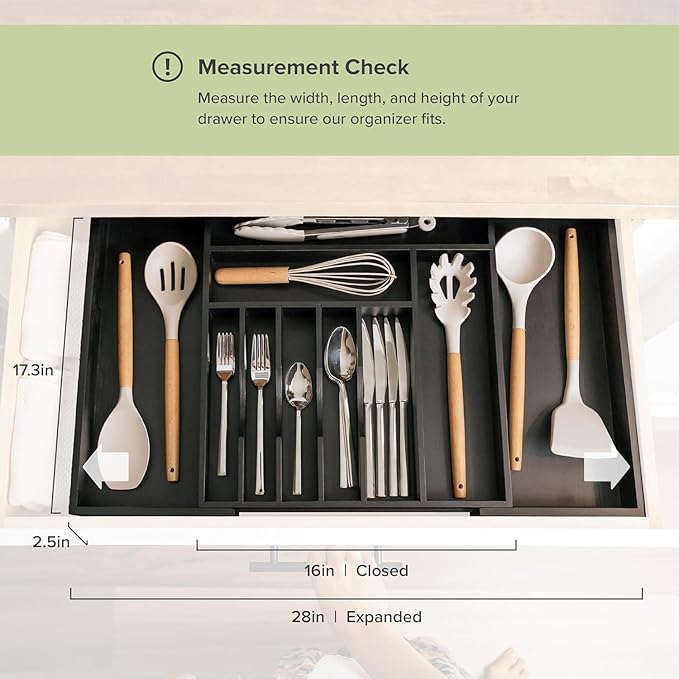 KitchenEdge Silverware & Utensil Drawer Organizer, 16-28 in, Black Bamboo | Cutlery, flatware, food-safe contract grade, kitchen drawer fit