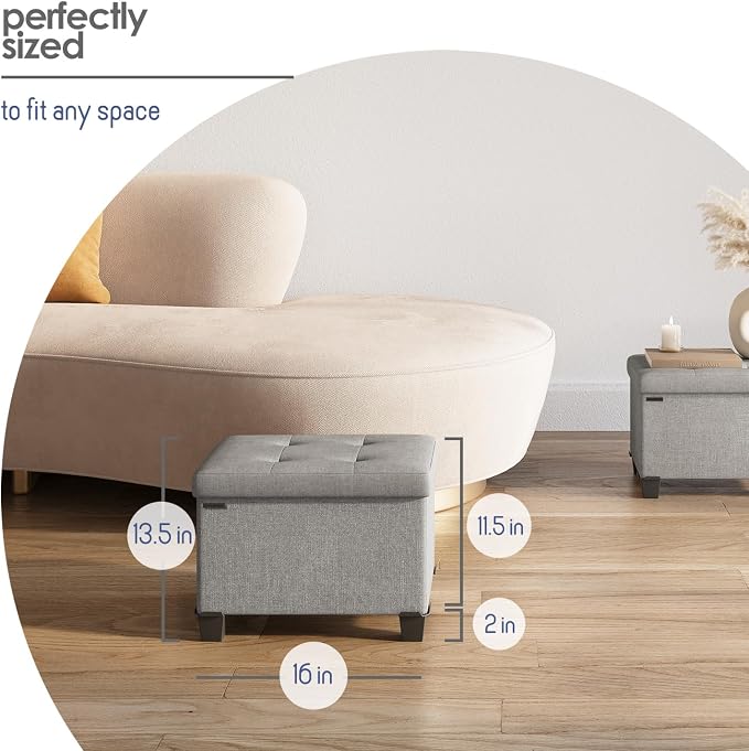 Storage Ottoman Cube with Small Bin, 16-in Square Ottoman with Storage for Living Room and Bedroom, Small Ottomans Foot Rest, Fabric Foot Stools Ottomans Max 330lbs, Light Grey