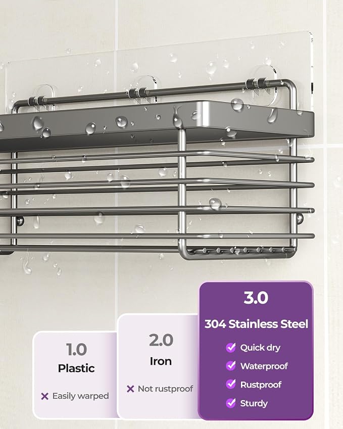 Shower Caddy Adhesive 3 Pack Stainless Steel Storage Organizers-Grey | No drilling wall mounted,rust-resistant,large capacity,quick drainage,easy to clean,suitable for bathrooms and kitchens