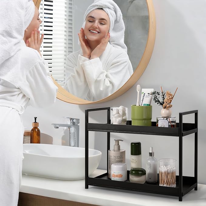 Bathroom Counter Organizer Vanity Storage Countertop Shelf, Large Black | 2 Tier Makeup Organizer Perfume Tray Skincare Holder for Sink, Dresser, Kitchen