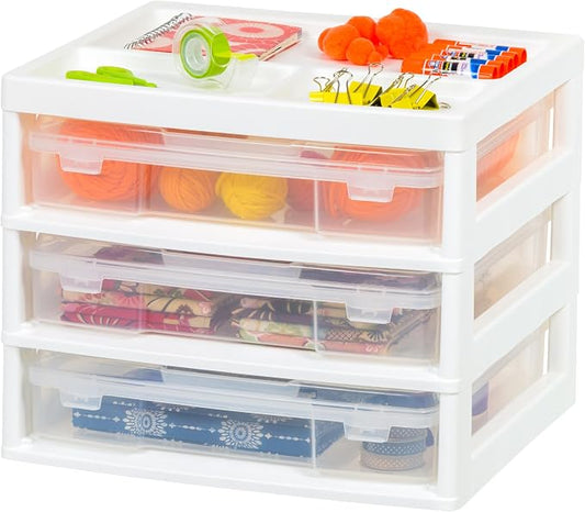 IRIS USA Desk Organizer |Made in USA| 3-Tier Cases - White/Clear | Fits 12"x12" Paper, Built-In Handles, Storage Unit with Supply Top for Craft, Art, Office Supplies, Pens & Pencils
