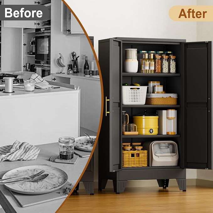 47" Black Metal Storage Cabinet with 2 Doors and 3 Adjustable Shelves,Steel Garage Tool Cabinet, File Cabinet,Kitchen Pantry Cabinet for Home,Office,Garage,School,Warehouse
