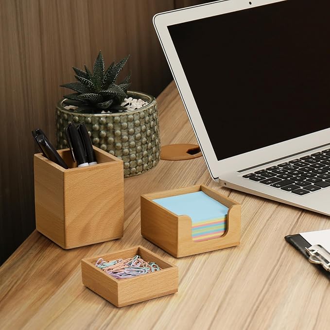 Desk Organizer Set of 3 - Wood Office Desk Accessories - Desk Organizers and Accessories for Women Men - Set incl. Pencil Pen Holder, Paperclip Storage and Sticky Note Holder