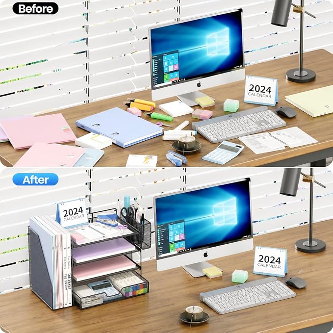 OPNICE Desk Organizer, 4-Tier Desktop File Organizer with Drawer and Pen Holders, Office Desk Accessories, File Sorters, Workspace Organizers for Office Supplies(Black - Metal Pen Holder)