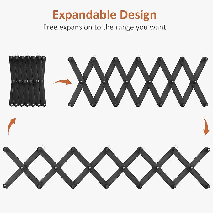 Accordion Wall Hanger, Hat Rack for Wall with 20 Coat Hooks, Expandable Hat Hangers Organizer, Vintage Decorative Coat Rack Wall Mount for Purse, Mug(Black)