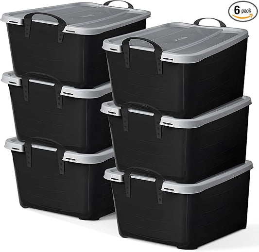 Life Story 6 Pack Stackable Storage Bin, 55 Qt Home Organizers, Black/Gray | Heavy-Duty Versatile Lightweight Locking Bins with Carrying Handles