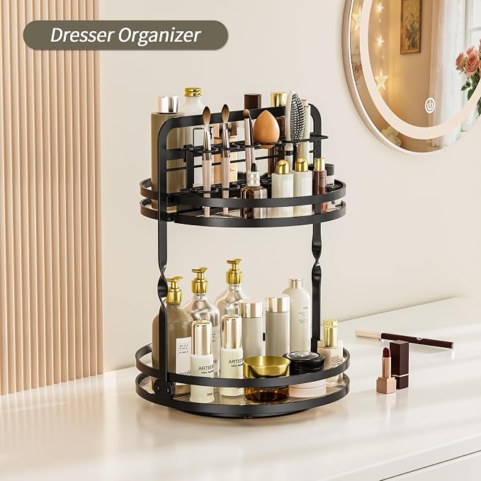 360 Rotating Makeup Organizer,Perfume Organizer, Bathroom Counter Organizer | 2-Tier Large Capacity Gold Vanity Organizer for Dresser,Perfume Shelf with Makeup Brush Holder Stores Skincare and Cosmetics