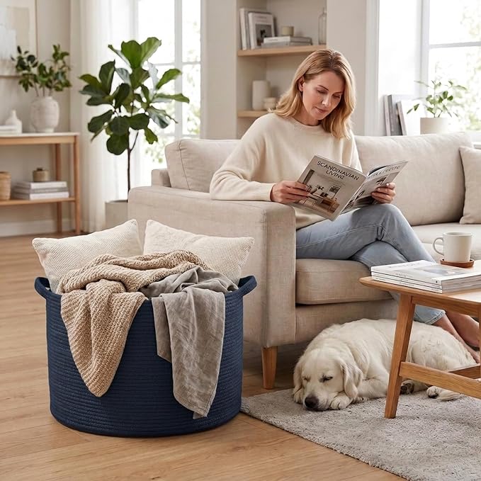 65L Large Blanket Basket,Woven Rope Laundry Basket-Dark Blue | Collapsible, reinforced handles, nursery storage bin organizes clothes, toys and pillows for living room, bedroom bathroom