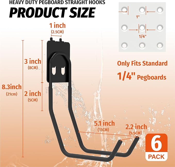 HUHOLE 6 Pack Large Double Arm Pegboard Hooks for 1/4 Inch Pegboard | Tool Holders with 66 lb Capacity for Leaf Blower, Weed Eater, Pipes, Hoses, Ladders, Garage and Workshop