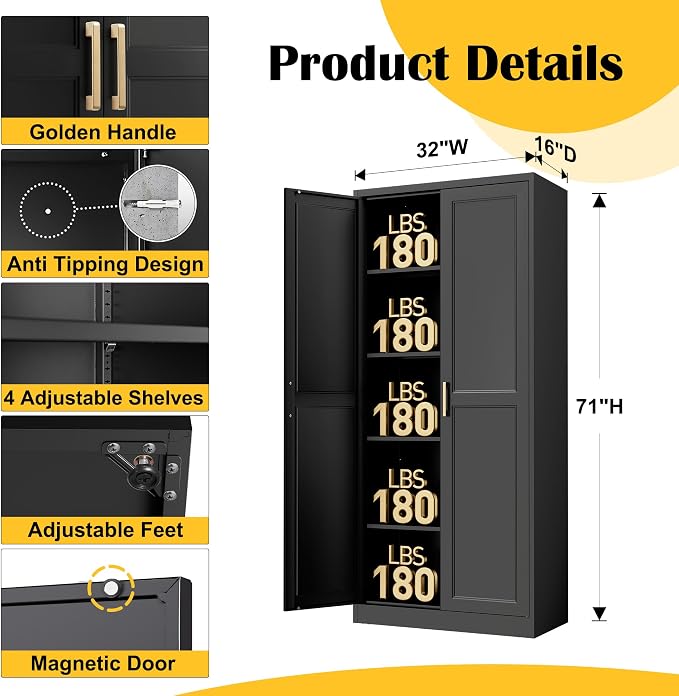 SteeLoong Kitchen Pantry Cabinet,71”Black Metal Pantry Storage Cabinet with Doors and 4 Adjustable Shelves,Kitchen Cabinet with 2 Gold Handles,Tall Cabinet for Livingroom,Pantry, Bathroom