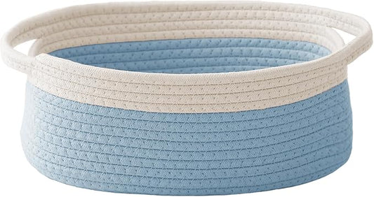 JMvicyroam Small Woven Basket, Empty Gift Basket, White&Blue/1 Pack | Small Gift Basket, Cotton Rope, 12 x 8 x 63 in, Handles, Includes Ribbon and Bag, Birthday Gift Basket