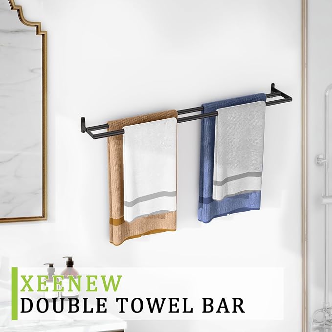 Double Towel Bar, 32 Inch Towel Racks for Bathroom, Stainless Steel Bathroom Towel Holder, Towel Rack Wall Mounted Towel Hanger Towel Rod, Matte Black