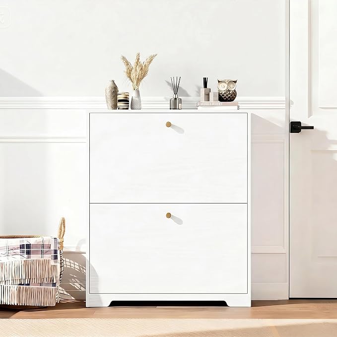 Nicetree Shoe Cabinet with 2 Flip Drawers, Modern Entryway Organizer, White | Narrow Shoe Organizer, Freestanding Shoe Rack Cabinet, Modern Shoe Storage Cabinet for Entryway, Hallway, Foyer, With Hook