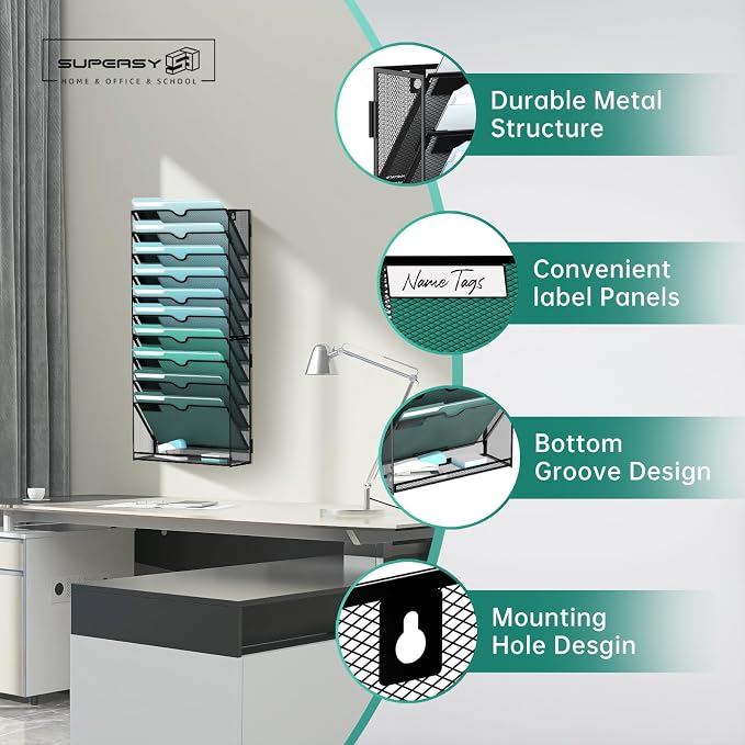 SUPEASY 11-Tier Wall File Organizer, Wall Mounted Mail Sorter, 2 Pack | Metal Mesh Hanging File Organizer with Open Compartments and Label Panels for Papers and Folders at Home, Office or School
