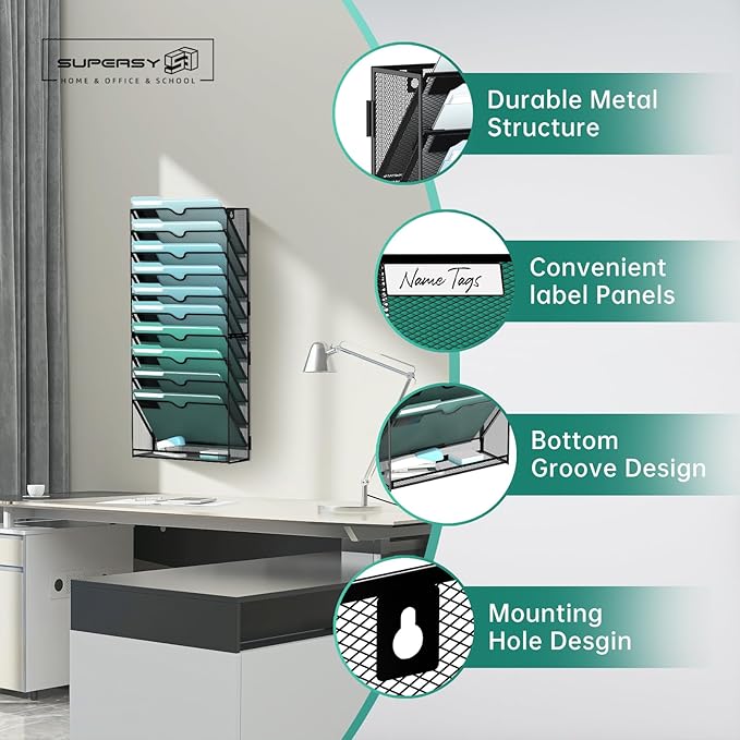 11-Tier Wall File Organizer, Hanging File Holder, Wall Mounted Mail Sorter | Metal Mesh Hanging File Organizer with Open Compartments and Label Panels for Papers and Folders at Home, Office or School