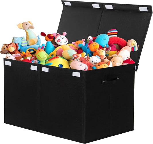 Large Toy Box Chest Storage with Flip-Top Lid, Kids Toy Storage Bin Boxes | Toy Chest with with Removable Divider for Kids, Boys, Girls, Nursery, Living Room, Bedroom, 26"x17" x17" (Linen Black)