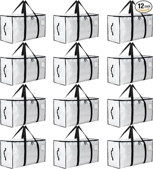 Moving Bags Heavy Duty Extra Large, Moving Boxes, Moving Supplies Essentials, Blue Storage Bins with Lids, Plastic Packing Totes, Storage Bags for Clothes with Handles & Zippers(White, 12 Pack)