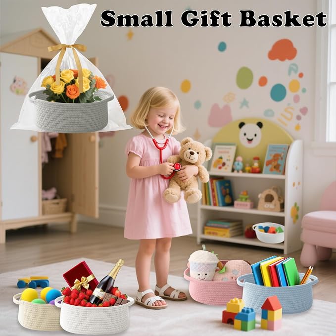 Woven Rope Basket - Baby Gift Basket with Bag & Ribbon, Grey | Cotton rope with handle, 12 x 8 x 5 in, gift bag and ribbon, for baby shower, birthday, toy storage, nursery, shelf decor