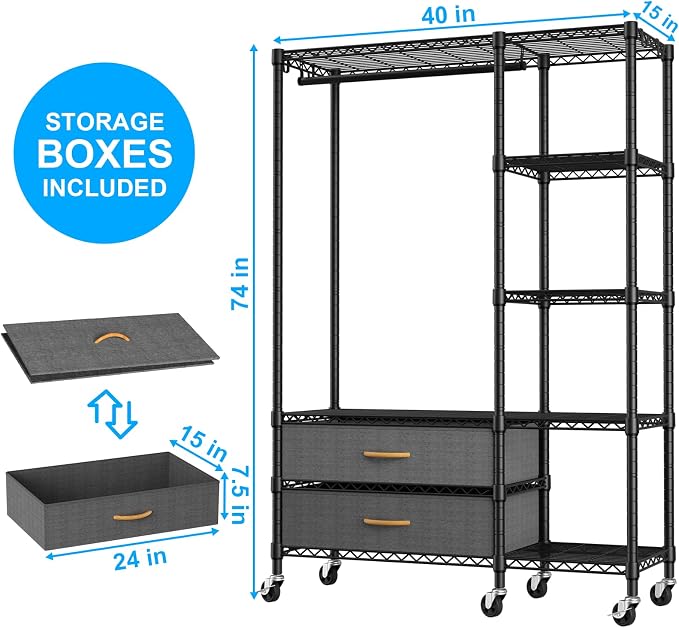Ulif F3R Heavy Duty Clothes Rack（With Lockable Wheels）Freestanding Clothing Racks for Hanging Clothes，Adjustable Closet Organizer System，Portable Garment Rack 40"W x 15"D x 74"H，Max Load 700LBS，Black