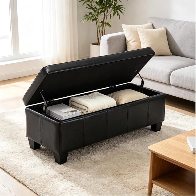 41.5 Inch Black Faux Leather Storage Ottoman Bench with Slow-Close Hinge | 2.8 cu ft hidden storage,660 lbs weight capacity,solid wood legs,fits entryway bedroom living room