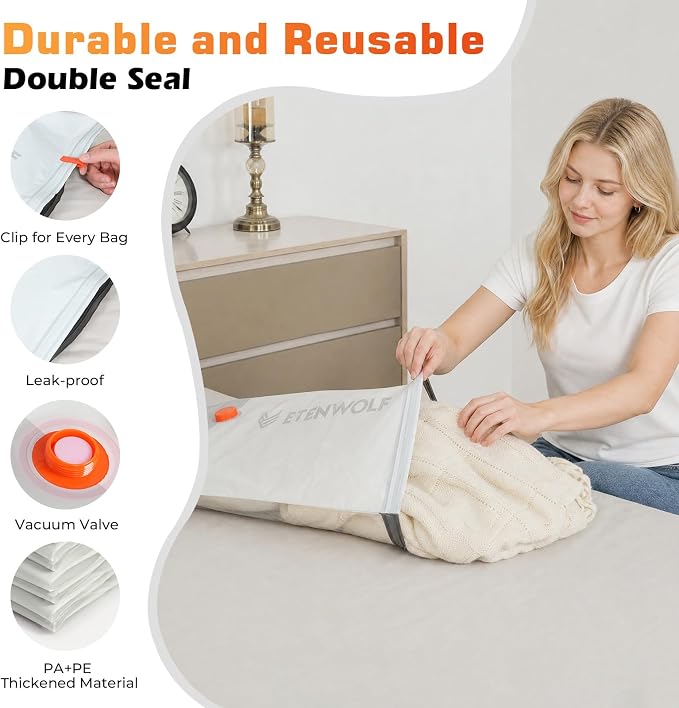 ETENWOLF 20 Combo Vacuum Storage Bags for Travel with Wireless Pump | Vacuum Seal Bags for Clothing Travel, Compression Packing Bags for Clothes and Blankets, Space Saver Bags in Carry-On Sizes