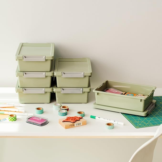 IRIS USA Storage Bins with Lids |Made in USA| 2 Qt - (6-Pack) - Sage Green | Sensory Craft Organizers, Plastic Clip Box Totes, Flat Containers for Organizing Paper, Office, Art & Study Supplies