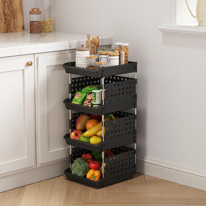 Lifewit 4 Tier Plastic Stackable Storage Baskets for Clothes 1 Pack, Black | Stacking Bins for Food, Multifunctional Organizer for RV, Kitchen, Playroom, Pantry and Bathroom