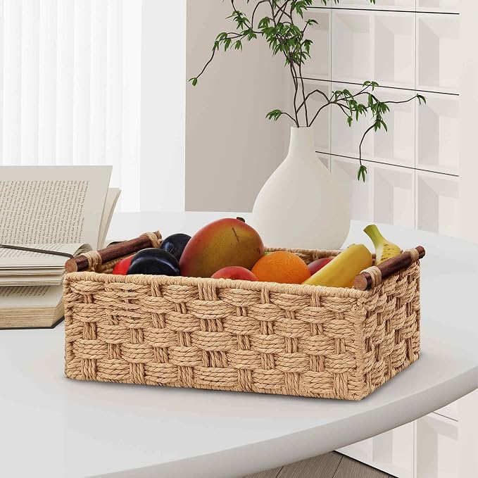 Vagusicc Wicker Storage Basket, Set of 2 Hand-Woven Paper Rope Wicker Basket for Organizing with Handle Decorative Storage Bins for Counter Shelf Table Toilet Paper Basket for Toilet Tank Top, Natural