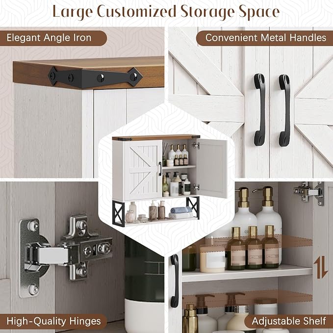 Vabches Bathroom Wall Cabinet, Farmhouse Medicine Cabinet, Rustic White | Vintage Storage Cabinet Wall Mounted with Double Barn Doors and Iron Shelf for Bathroom, Kitchen, Rustic White and Brown