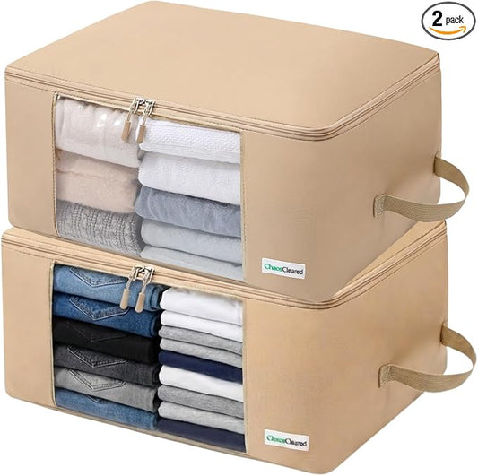 2 Pack Clothing Storage Bags Clothes Organizer folding fabric bags for sweaters, clothing, garment, bedding, quilt, linens, large folding organizers with zip & window (2 Pack Beige)