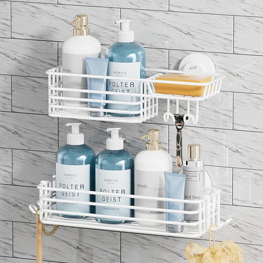 TAILI Shower Caddy Suction Cup 2 Pack with Hooks & Soap Holder, Heavy Duty Shower Organizer for Bathroom, No Drilling Bathroom Organizer with Large Capacity, Metal Storage Holder-White