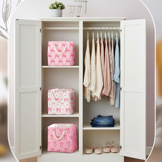 Geiserailie 6 Pcs 11 x 11 Inch Cube Storage Bins Fabric Storage Organizer Bins Foldable Cube Baskets with Sturdy Carry Handles Wicker Baskets for Home (Pink Bow)