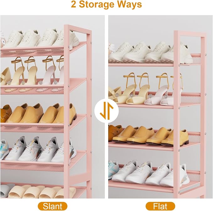 Large Shoe Rack 8 Tier Shoe Organizer, Heavy Duty Metal 4-Tier Stackable Shoe Storage Vertical Shoe Rack for Closet Front Door Entrance, Up to 50 Pairs, 44.8" W x 11.4" D x 56.7" H, Pink