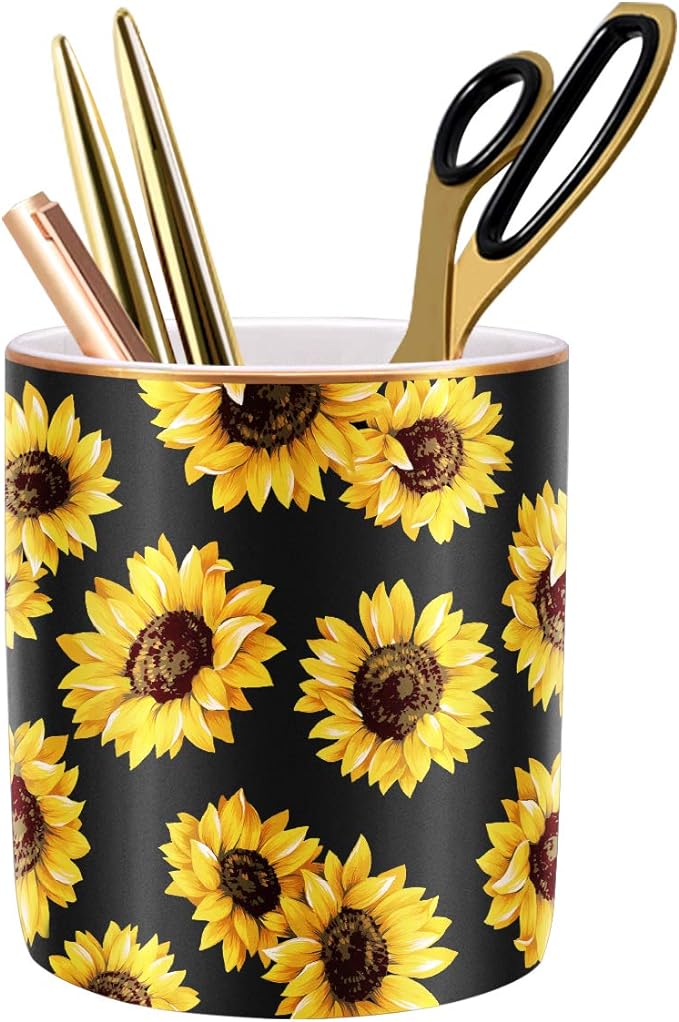 Pen Holder, Cute Pencil Holder for Desk, Makeup Brush Holder Floral Pattern, Pencil Cup for Girls Women, Durable Ceramic Desk Organizer Flower Decor for Office, Classroom, Sunflower