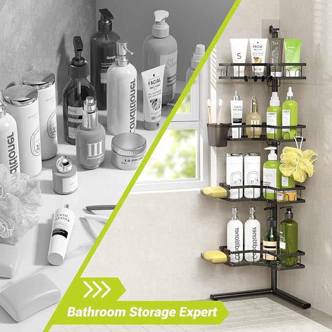 Standing Corner Shower Caddy - 4-Tier Rustproof Adjustable Shower Shelves | Floor Standing Shower Organizer Rack, No Drill Corner Shower Shelf for Bathroom, Apartments and Renters