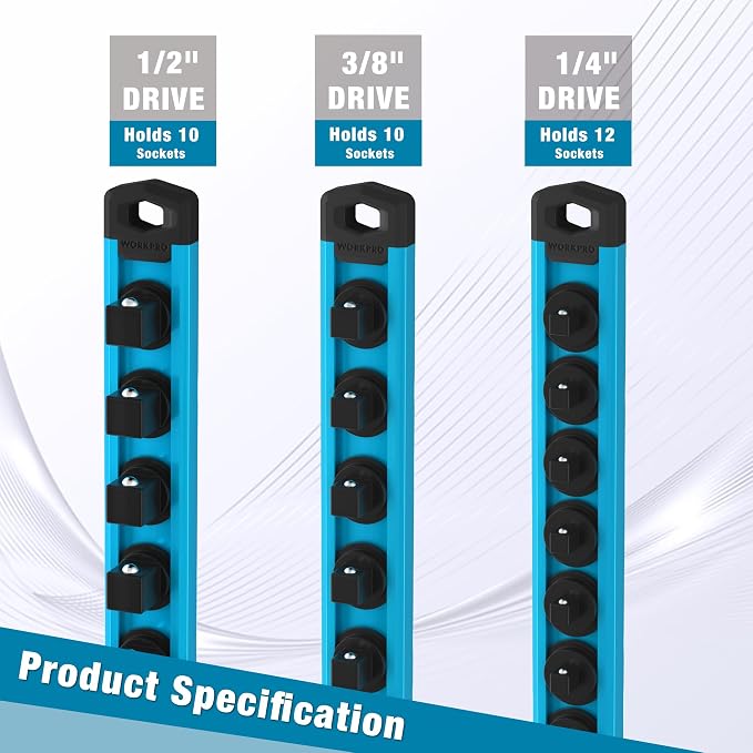WORKPRO Magnetic Socket Organizer, Heavy Duty 1/4-Inch Drive Socket Rail | 1 Piece Socket Holder with 12 Spots, Aluminum Alloy, Rotatable & Movable Clips, Efficient Organization