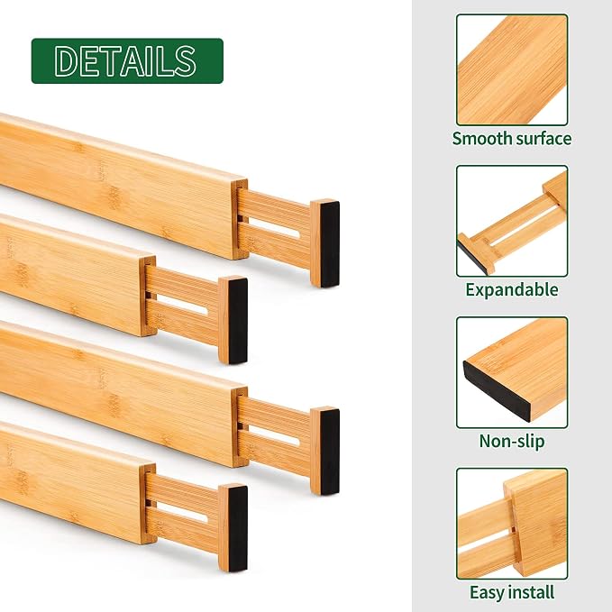 Utoplike 4 Pcs Bamboo Kitchen Drawer Dividers, Large Drawers Organizers | Adjustable Spring Loaded Expandable Organization, Works in Dresser, Bathroom, Bedroom, Office, Fit 17.8"-20.6" Drawer, 2.4"H