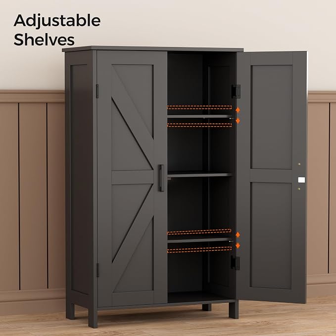 Homleke 43.3" H Farmhouse Bathroom Storage Cabinet with Adjustable Shelves | Freestanding Storage Cabinet with Barn Doors for Bathroom, Kitchen, Living Room, Dining Room & Entryway, Black