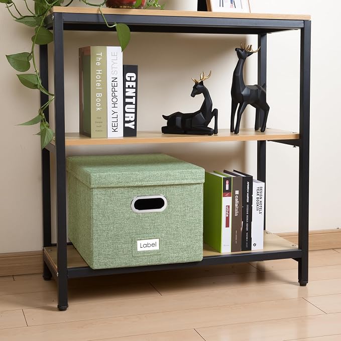 File Organizer Box - Set of 2 Collapsible Decorative Linen Filing Storage Hanging File Folders with Lids Office Cabinet Letter/Legal Size Green 17x14x11.2 inch