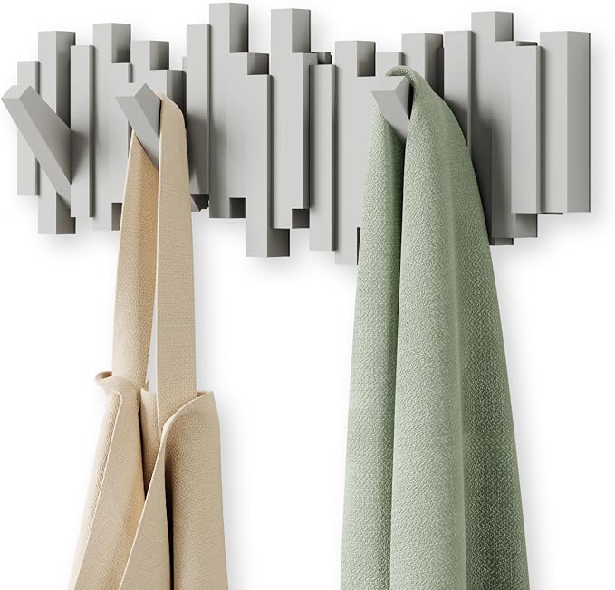 Umbra Sticks Wall Mount Coat Rack, 5 Hook Retractable Pegs, Grey | Mounting hardware included, sculptural modern design, entryway or bedroom use, recycled plastic