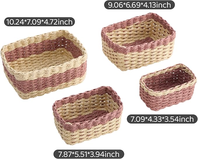 4PCS Woven Storage Baskets Set, Small Baskets for Organizing, Square Handwoven Paper Rope Organizer Bins for Shelves and Home Storage (Natural & Pink)