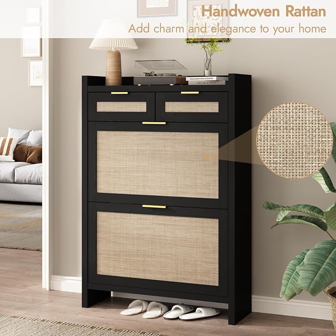 HOKYHOKY Rattan Shoe Storage Cabinet with 2 Drawers & 2 Flip Drawers | Hidden Slim Shoe Organizer, Farmhouse Boho Narrow Shoe Rack, Large Tabletop Space, Entryway, Rustic Black