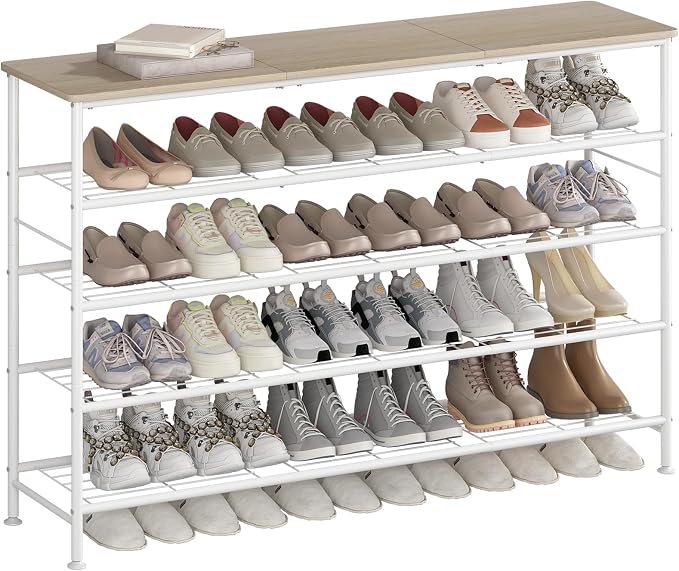 SUOERNUO 5 Tier Extra Long Shoe Rack Organizer Storage for Closet Entryway | Large Capacity Shelf,MDF Top Board,Sturdy Metal Frame,Ideal for Living Room,Hallway White