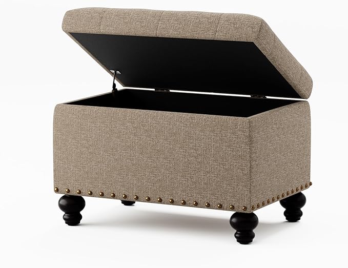 Zihanhome Small Ottoman with Storage, Upholstered Button Tufted Ottoman Foot Rest, Foot Stools, 24" Rectangle Bench with Storage for Living Room, Bedroom, Dorms and Apartments (Brown)
