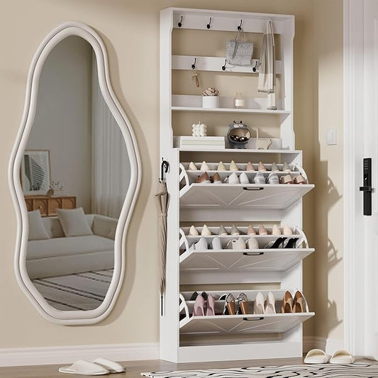 EOYUTLLY Shoe Cabinet Storage for Entryway, Narrow Shoe Rack Cabinet with 3 Flip Drawers & Coat Rack, Hidden Shoe Storage Cabinet, 2-in-1 Hall Tree Slim Freestanding Shoe Rack Organizer, White