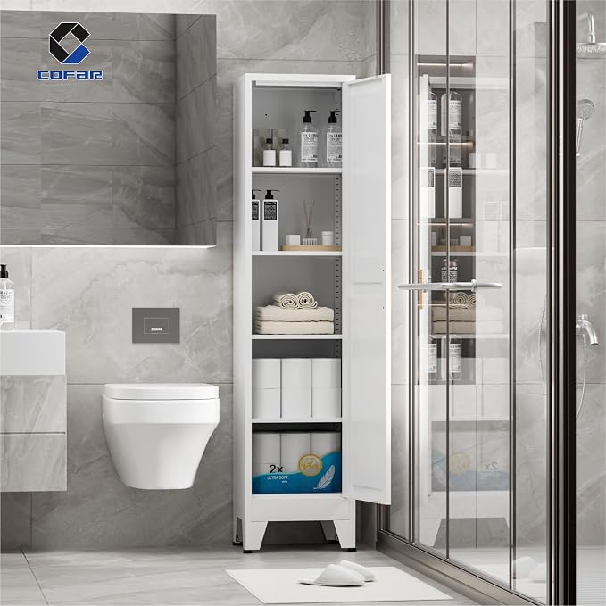 COFaR 67'' Tall Narrow Bathroom Storage Cabinet, Metal Farmhouse Skinny Pantry Cabinet with 4 Adjustable Shelves and One Door, Slim Cabinet Storage for Kitchen Laundry Garage, 5-Tier White
