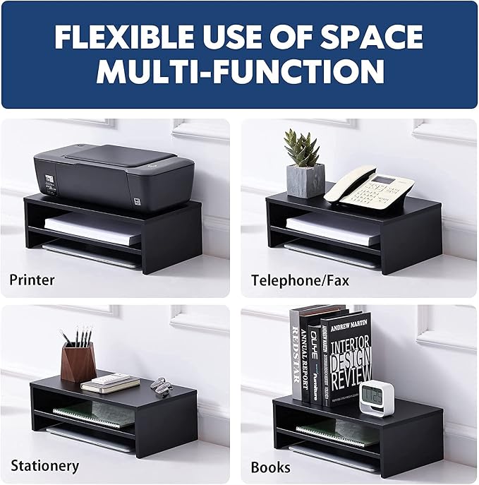 FITUEYES Wooden Monitor Stand Riser, 2-Tier Desk Storage Shelf, Black | 16.7-Inch Desktop Organizer Fits Laptop, Computer Screen and Office Supplies