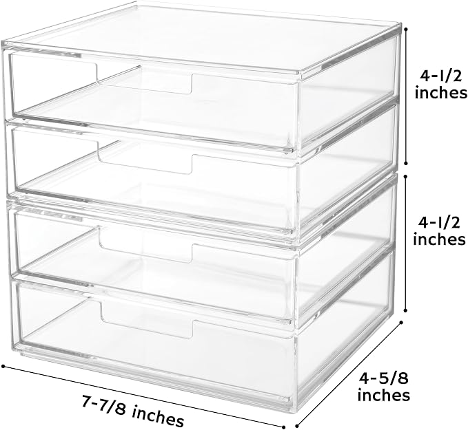 STORi Stackable Desk Drawer Organizer, Clear Pen Pencil Makeup Brush Holder for Desktops and Vanities, 4 Wide Drawers (Made in USA)